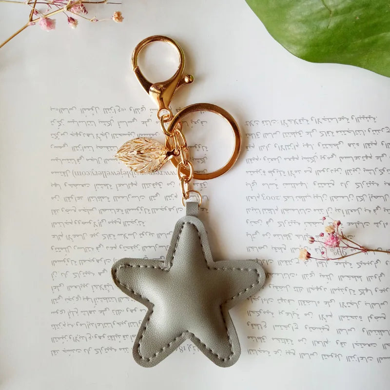 Women Leather Heart Keychain New Leather Starfish Pentagram key chain with leaf  Charm Bag pendant Key Ring Party Gift JK3147