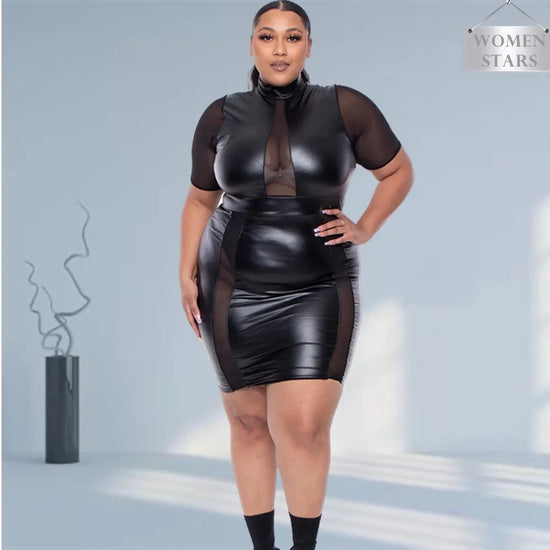 Grande taille robe noire 5xl vente en gros livraison directe Sexy maille Pu Patchwork élégant genou longueur robes pour les femmes mode Strretwear