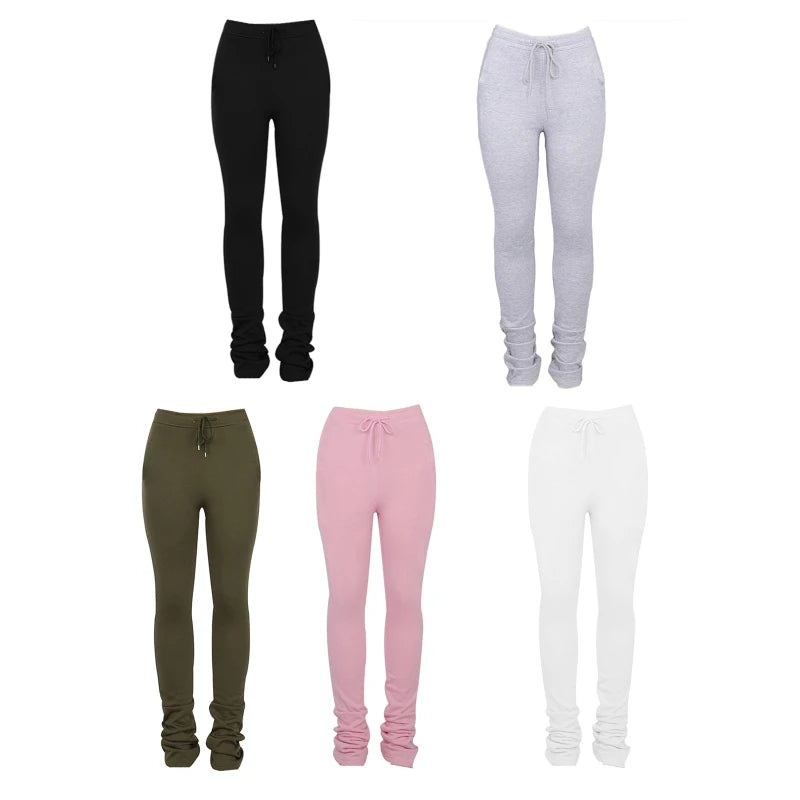 Women High Waist Drawstring Stacked Sweatpants Solid Color Bell Bottom Flare Yoga Pants Workout Trousers with Pockets