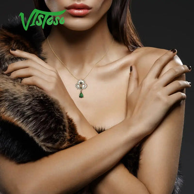 VISTOSO Gold Pendants For Women Authentic 14K 585 Yellow Gold Magic Emerald Fresh Water Pearl Diamond Elegant Fine Jewelry