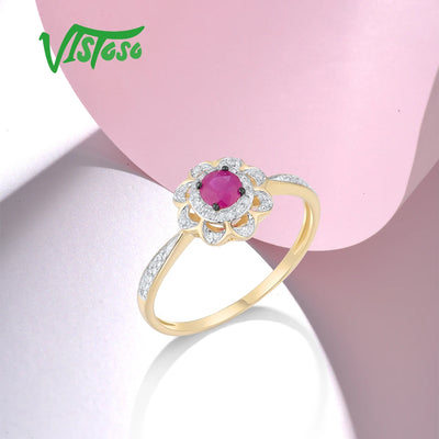 VISTOSO Genuine 14K 585 Yellow Gold Round Ruby Shiny Diamond Flower Ring For Lady Wedding Engagement Anniversary Fine Jewelry
