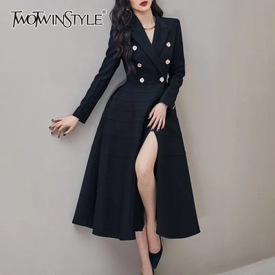TWOTWINSTYLE Black Split Casual Women's Dresses Notched Long Sleeve High Waist Patchwork Temperament Maxi Dress 2021 Fashion New