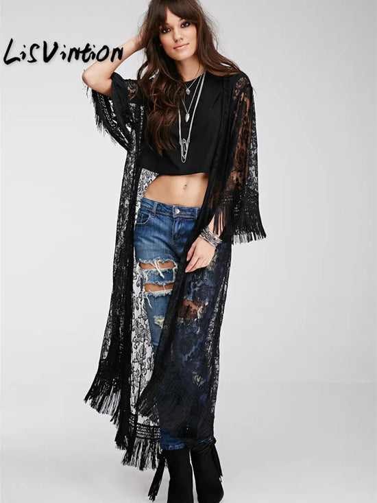 LisVintion Women Summer Tops Sexy Lace Blouse Black Long Sleeve Kimono Cardigan Shirts Hollow Out Tassel Fringed Beach Outwear