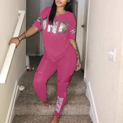 2022 Summer Women Casual Pink Letter Print Sweatsuit 2 Piece Sets Tracksuits Set Top And Skinny Pants 2 PCS Suit 3XL Outfits