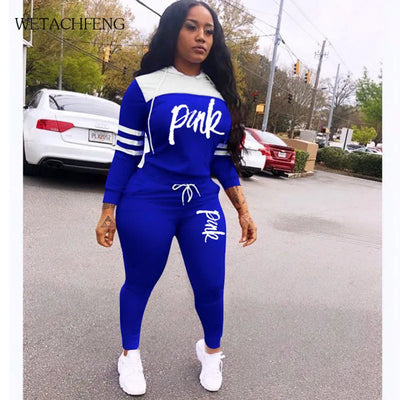 2020 Fashion Pink Letter Print Tracksuits Women Two Piece Set Spring t-shirt Tops and Pants Jogger Set Suits Casual 2pcs Outfits