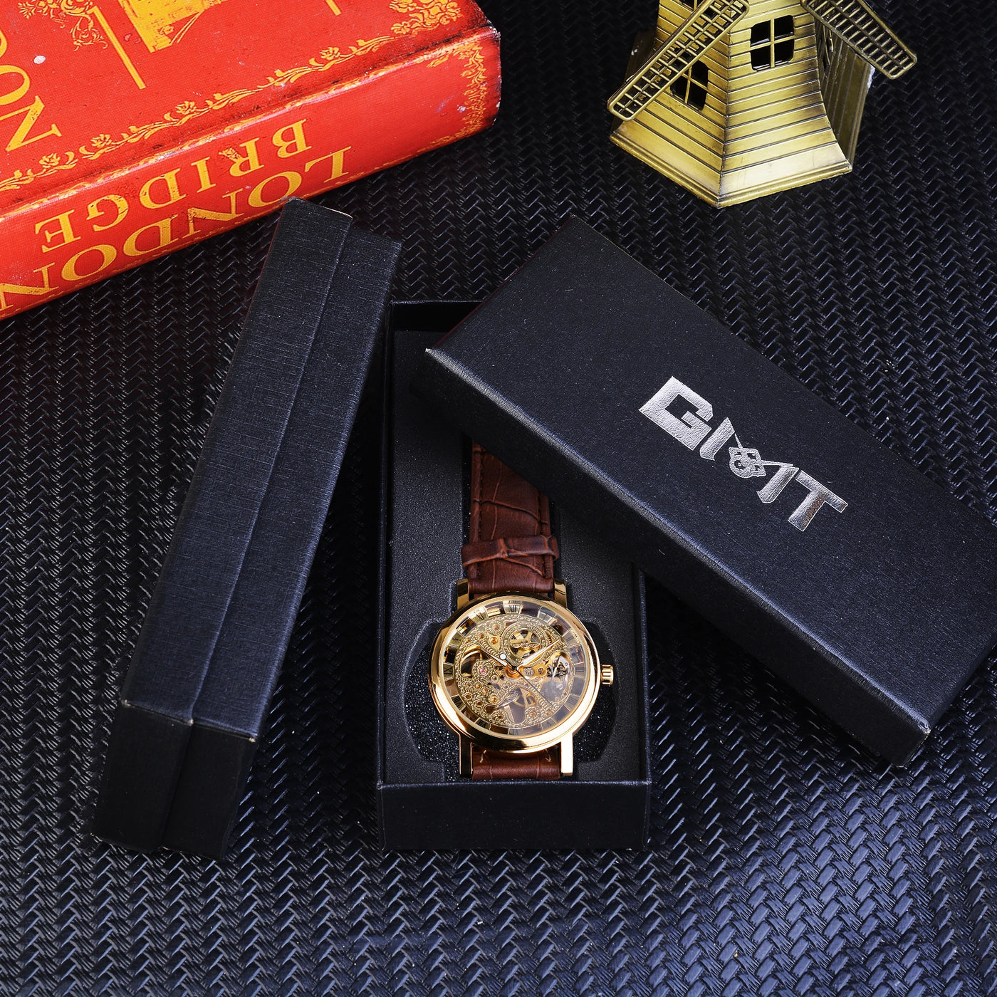 Winner Transparent Golden Case Luxury Casual Design Brown Leather Strap Mens Watches Top Brand Luxury Mechanical Skeleton Watch