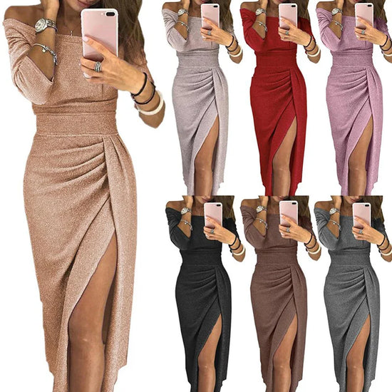 2022 Lady Evening Party Dresses Off Shoulder High Waist Long Dress Elegant Sexy Club Vestidos Spring Summer Solid Women&