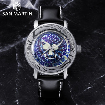 San Martin Men Watch Damascus Steel Luxury Limited Collector's Edition Skull SW200 Automatic Mechanical See-through Case Back