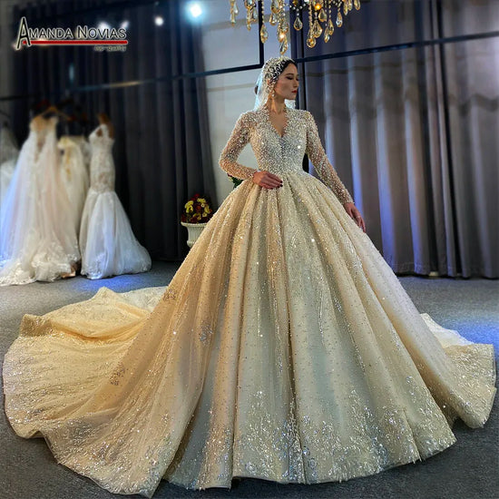 Full Pearls Luxury Wedding Dress With Long Train Amanda Novias