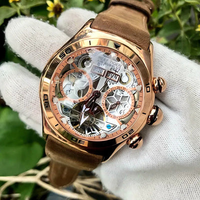 Reef Tiger/RT Sport Watch For Men Skeleton Luminous Watch Year Month Date Day Rose Gold Automatic Watches RGA703
