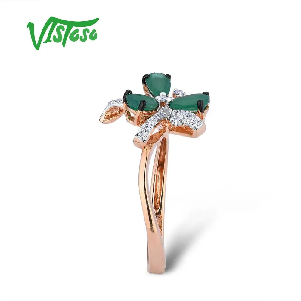VISTOSO 14K 585 Rose Gold Ring For Women Magic Emerald Sparkling Diamond Engagement Anniversary Elegant Shining Fine Jewelry