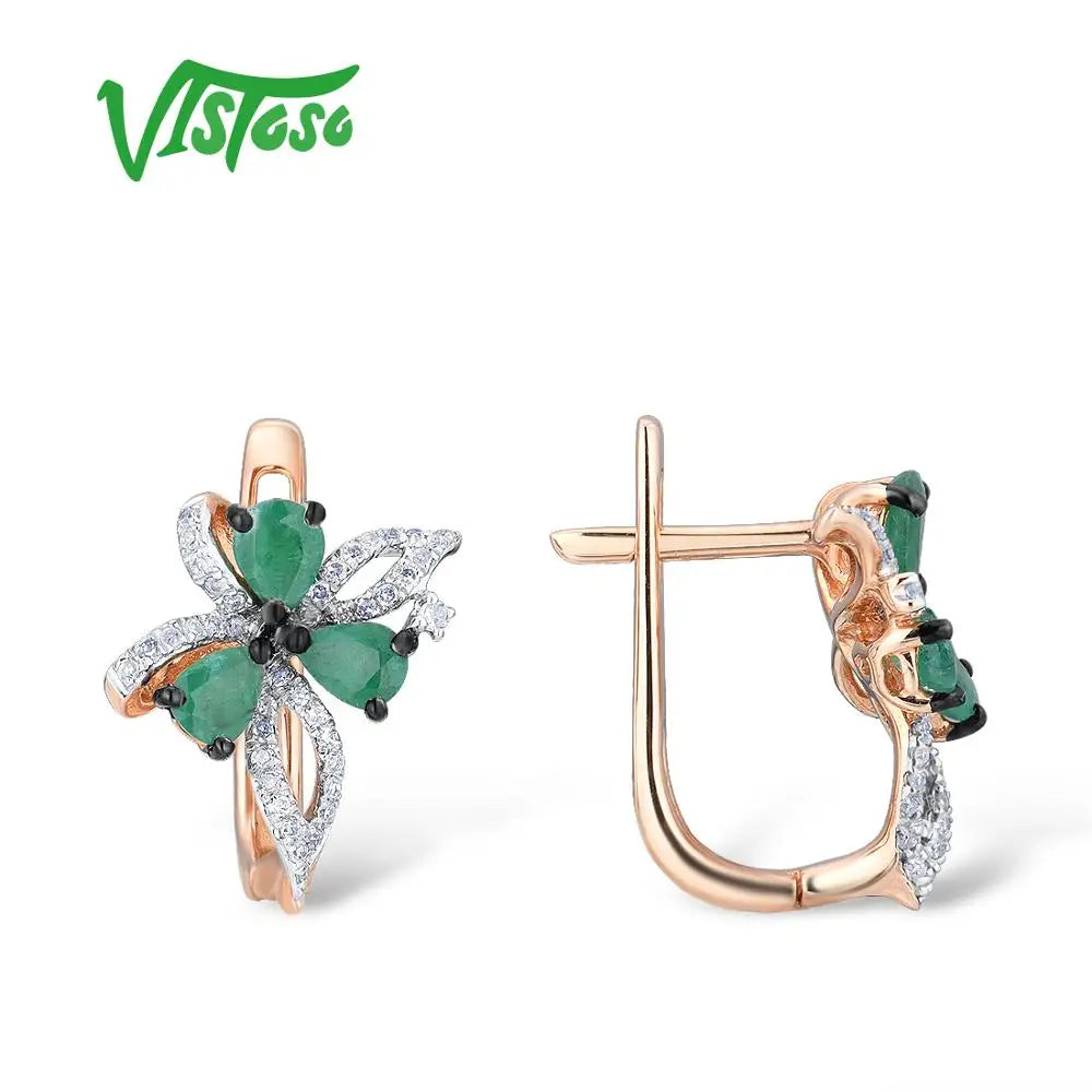 VISTOSO 14K 585 Rose Gold Bowknot Earrings For Women Glamorous Elegant Emerald Sparkling Diamond Glamorous Trendy Fine Jewelry