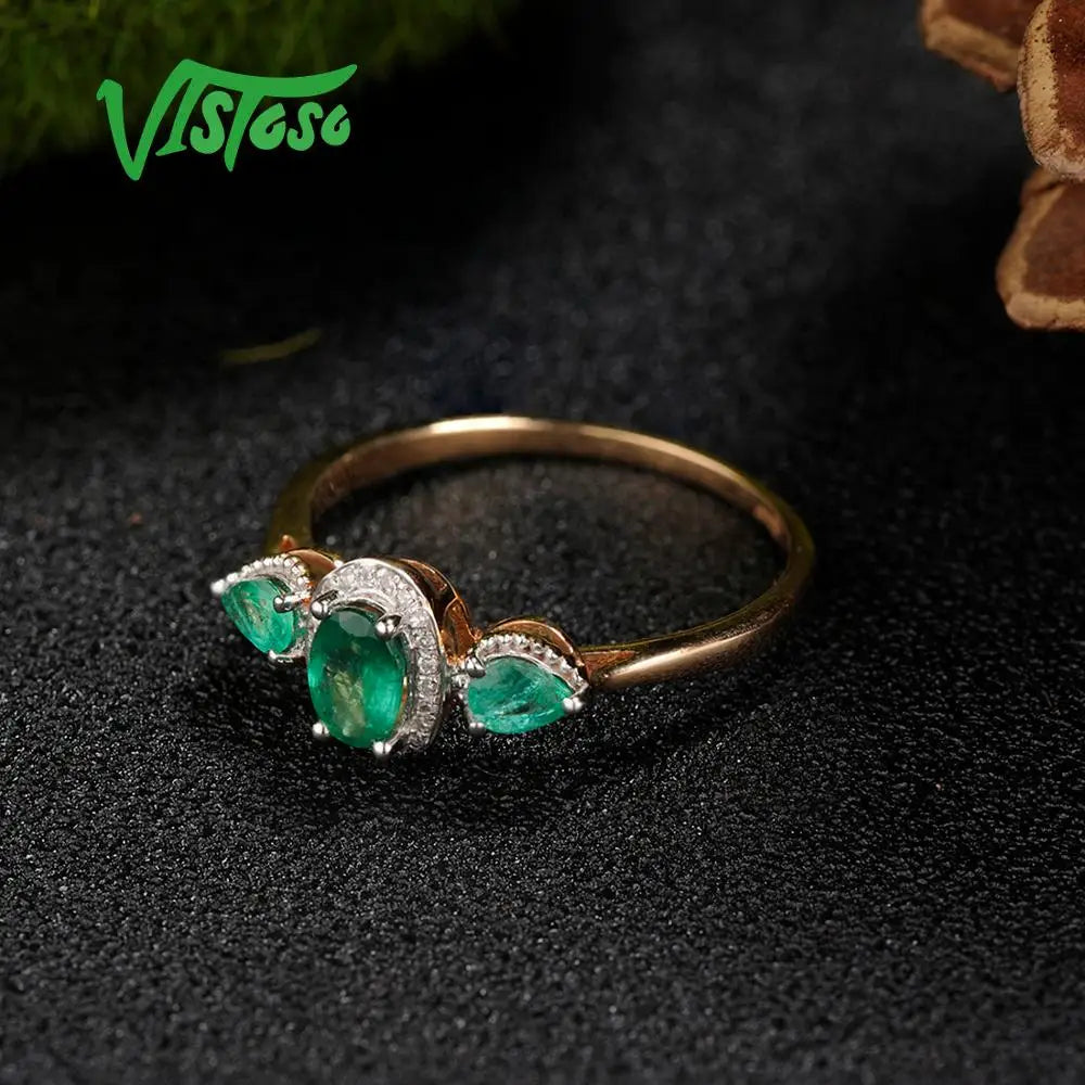 VISTOSO Gold Rings For Women Genuine 14K 585 Rose Gold Ring Magic Emerald Sparkling Diamond Engagement Anniversary Fine Jewelry