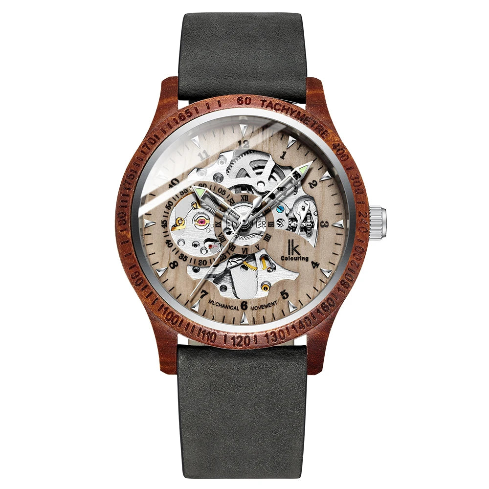 IK Colouring Men Watch Fashion Casual Wooden Case Crazy Horse Leather Strap Wood Watch Skeleton Auto Mechanical Male Relogio