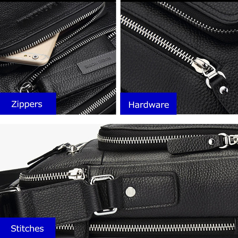 BISON DENIM Genuine Leather Men Bags Ipad Handbags Male Messenger Bag Man Crossbody Shoulder Bag Men's Travel Bags N2333