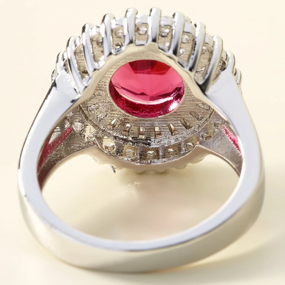 UFOORO Hot Red Stone Ring Fire Red Oval Red Birthstone CZ Stone Wedding Jewelry Charm Finger Ring Female Band Size 6-10 Gift