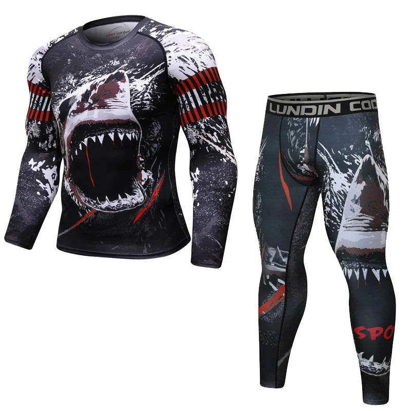 Men tracksuit T shirts +Pants Suit MMA Long Sleeve T-shirt Men's Compression Shirt Fitness Bodybuilding MMA Rashguard Sport Suit