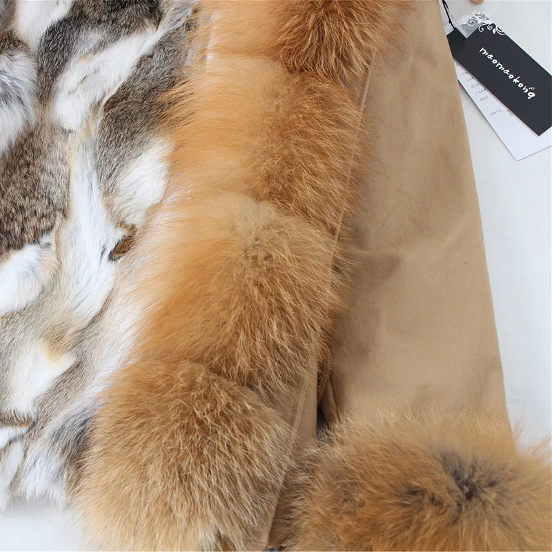 Maomaokong Women Short Parka Winter Long Jacket Parkas Real Fur Coat Natural fox Fur Hood Real Rabbit Fur Liner Outerwear