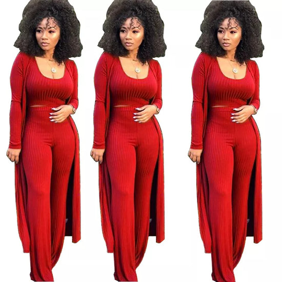 Women knitted long sleeve cardigan coat loose wide leg pants crop top 3 piece set for female women autumn winter women&