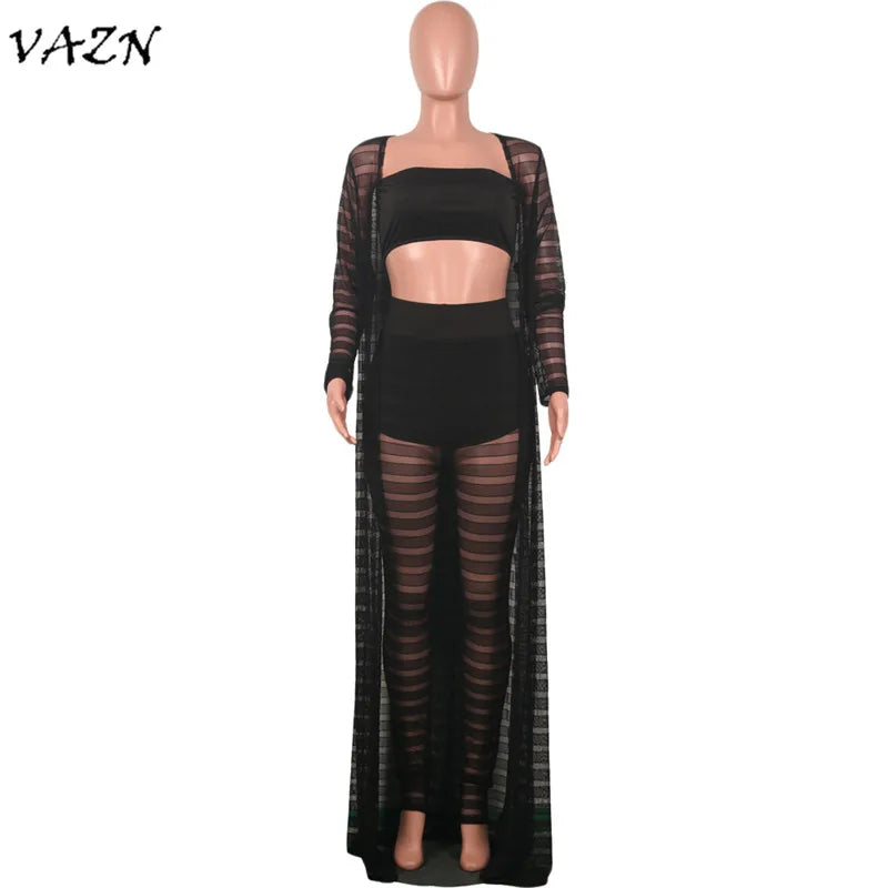 VAZN New Novelty 3 Pieces Women Set Solid 1 Piece X-Long Outwear 2 Piece Strapless Wear and Long Pants Bodycon Lace Set S3365