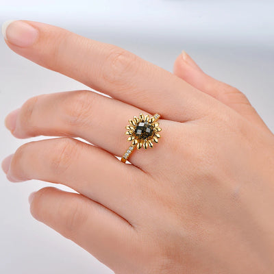14kt Yellow Gold 0.99ct Round Cut Smoky Topaz and 0.13ct H SI Diamond Engagement Ring