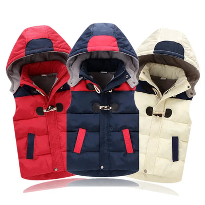 Winter Child Waistcoat Horn Buckle Heavyweight Warm Hooded Fleece Padded Baby Girls Boys Vest Children Outerwear 2-12 Years