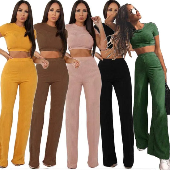 Women knitted long sleeve o-neck crop top wide leg pants 2 piece set for female women tops pants two pieces sets women&