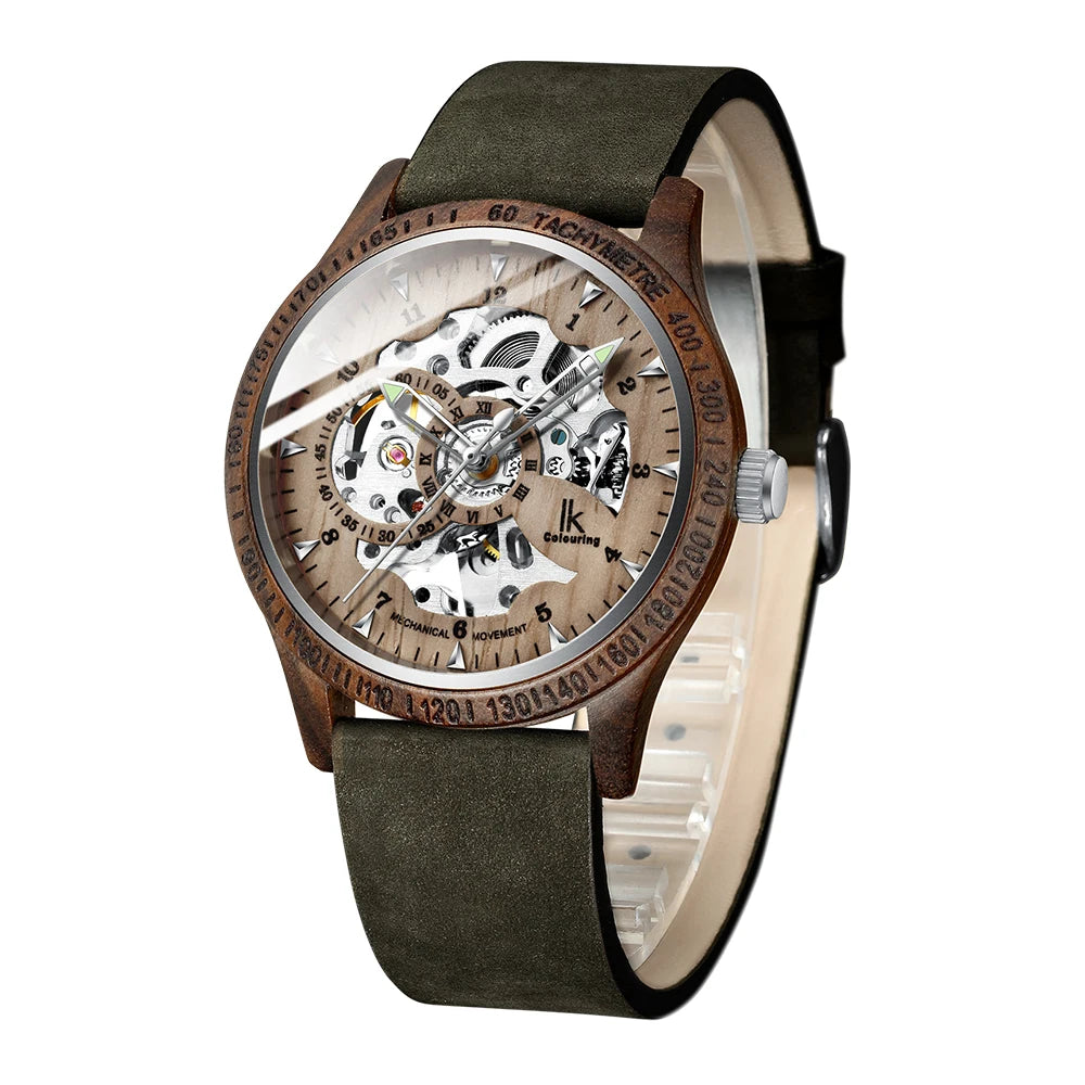 IK Colouring Men Watch Fashion Casual Wooden Case Crazy Horse Leather Strap Wood Watch Skeleton Auto Mechanical Male Relogio