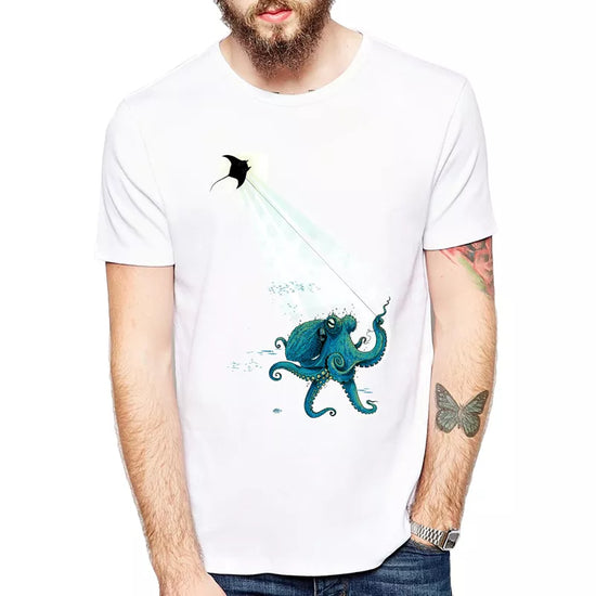 Octopus and devil rays Kite Flying T Shirts Men casual Top Cool animal design T-Shirt For Adult Tshirts Clothes