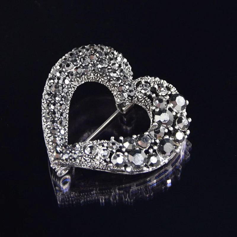 Retro Style Elegant Black Color Alloy Crystal Rhinestone Lovely Heart Brooch Business Suit Pin For Women And Men