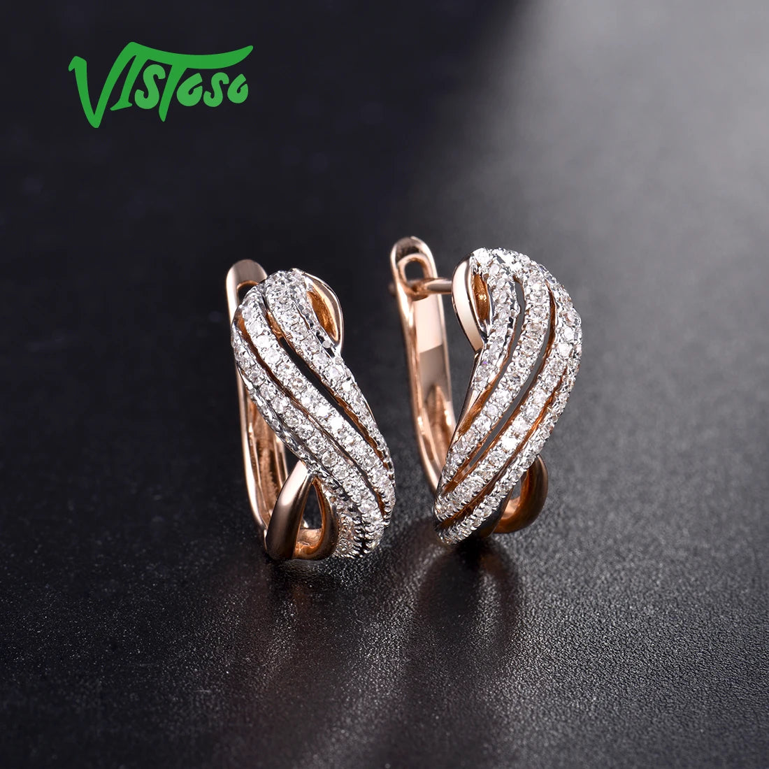 VISTOSO Gold Earrings For Women 14K 585 Rose Gold Sparkling Luxury Diamond Wedding Band Engagement Trendy Fine Jewelry