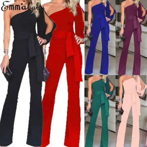 Sexy Womens Ladys Summer Fashion Cool  Killer legs One Shoulder Long Sleeve Bandage Solid Brief Plain Jumpsuit Romper Playsuit