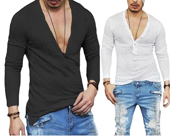 US Stock mode hommes décontracté coupe ajustée à manches longues col en v profond chemise Sexy T-shirts