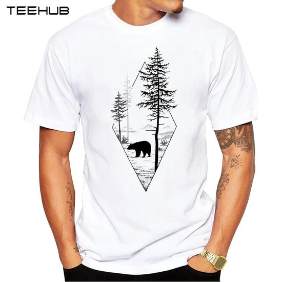 2023 Forest Bear Men T-Shirt Short Sleeve Casual T Shirt Hipster Black Bear Printed Tee O-Neck Summer Tops