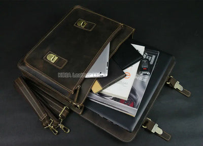 Vintage Crazy Horse Genuine Leather Men Briefcase 15" Laptop Bag Work Business Bag Shoulder Messenger Bag Male Tote Handbag M088