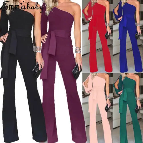 Sexy Womens Ladys Summer Fashion Cool  Killer legs One Shoulder Long Sleeve Bandage Solid Brief Plain Jumpsuit Romper Playsuit