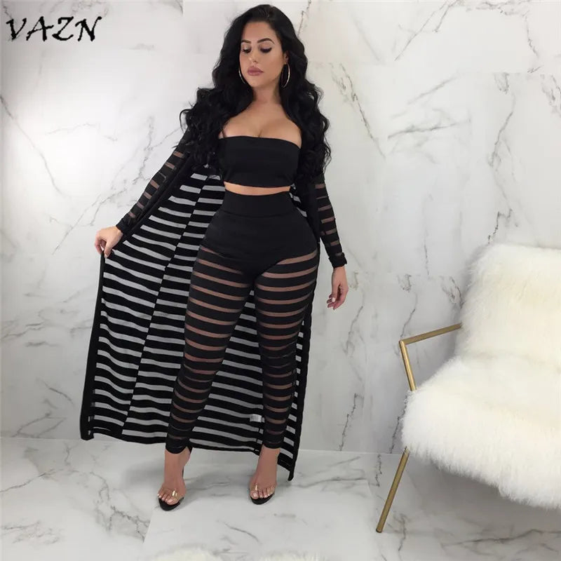 VAZN New Novelty 3 Pieces Women Set Solid 1 Piece X-Long Outwear 2 Piece Strapless Wear and Long Pants Bodycon Lace Set S3365