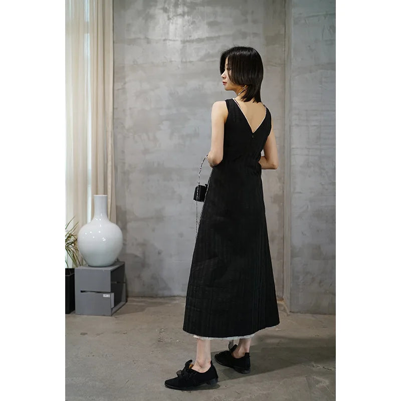 2023 dark black minimalist cool dress small ramie jacquard sleeveless vest dress