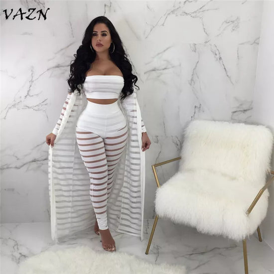 VAZN New Novelty 3 Pieces Women Set Solid 1 Piece X-Long Outwear 2 Piece Strapless Wear and Long Pants Bodycon Lace Set S3365