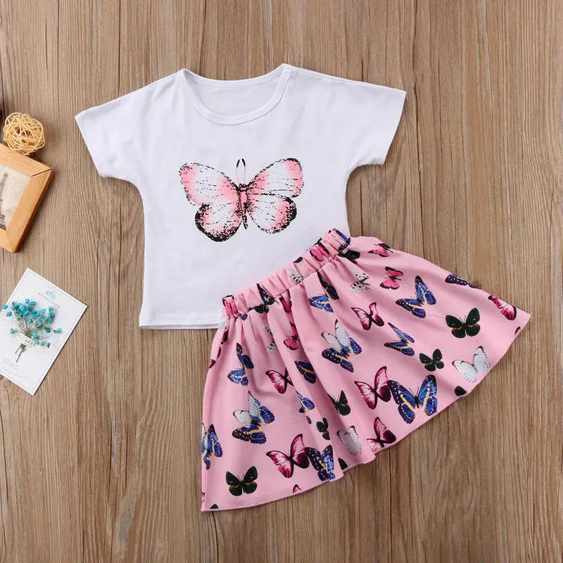 2024 Brand New Toddler Infant Child Kids Baby Girls T-shirt Top Skirts 2pcs Set Butterfly Outfits Short Sleeve Clothes 1-6T