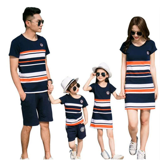 Famille correspondant tenues 2019 été mode rayé T-shirt tenues mère et fille robes père fils bébé garçon fille vêtements