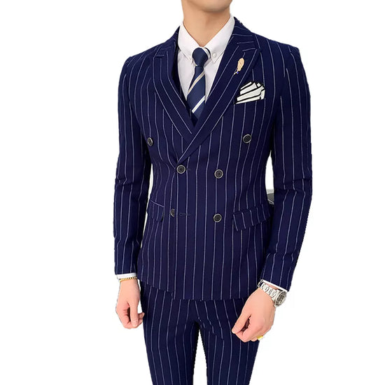 ( Jacket + Vest + Pants ) High-end Brand Formal Striped Men&