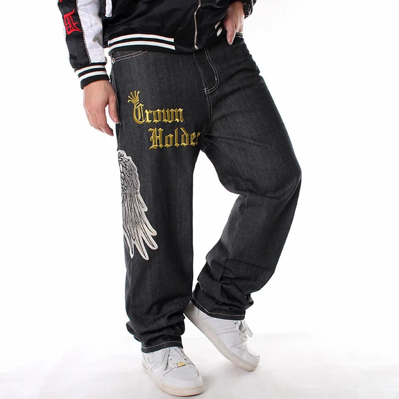 Men's hip hop jeans Plus size loose streetwear baggy denim pants Fashion letters hawk wings skull crown long trousers