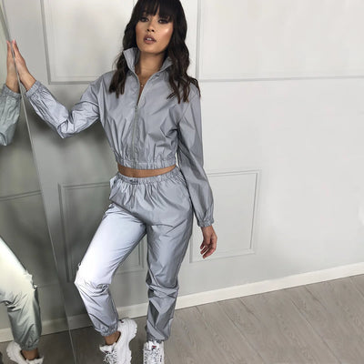 Women Tracksuit 2 Piece Set Hip Hop Reflective Crop Top Pants Fashion Female Loose Zipper Jacket Coat Matching Sets Plus Size