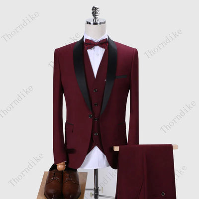 Thorndike Men Suits 3 Pieces Black Fit Casual Groomsmen Army Lapel Business Tuxedos for Formal Wedding(Blazer+Pants+Vest)