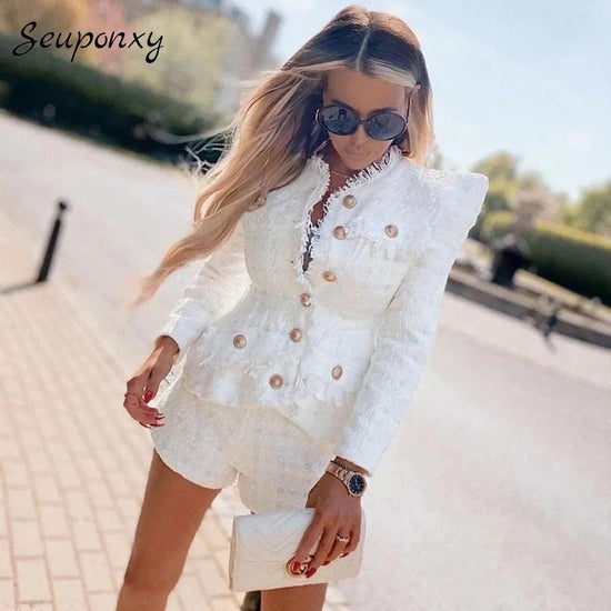 High Quality 2022 Spring New Tweed 2 Two-Piece Set Sexy O-Neck Long Sleeve Single Breasted Jacket And Pants Club Party Set