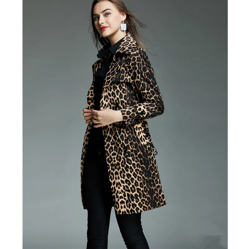 2023 Autumn New Trench Coat For Women Long Sleeve Leopard Double-breasted Long Windbreaker Fashion Casual Slim Women Overcoat