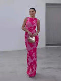 2025 Summer Mesh Evening Robe Women Slim O-neck Sleeveless Backless Hip Package Split Dresses Elegant 3d Flower Party Long Dress