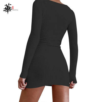 Women Bandage Dress White Sweater Knitted Mini Dresses for Women Party Autumn Long Sleeve Sexy Club Dress