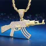 Personalized AK47 18K Gold Plated Rifle Charm HIP HOP Punk Jewelry Rope Chain ZIRCON Iced Out CZ Gun Pendant Necklace for Men